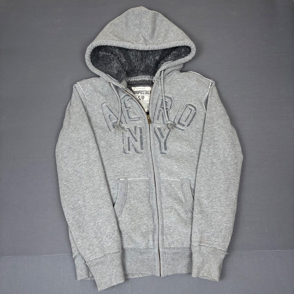 Y2K Aeropostale Gray Sherpa Fur Lined Full Zip Hoodie Men's Size Small